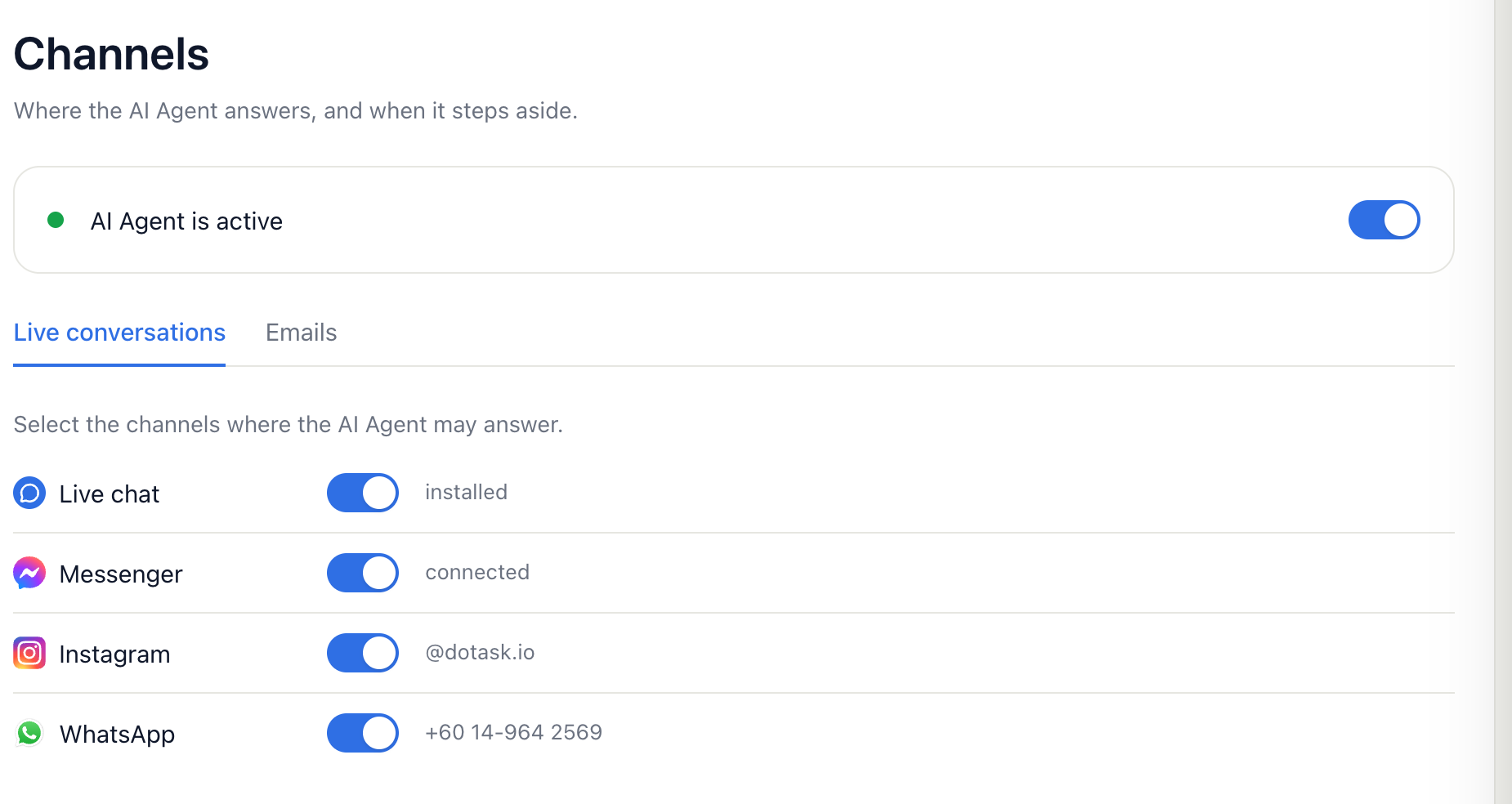 AI Agent → Channels with a switch for live chat, Messenger, Instagram and each WhatsApp number