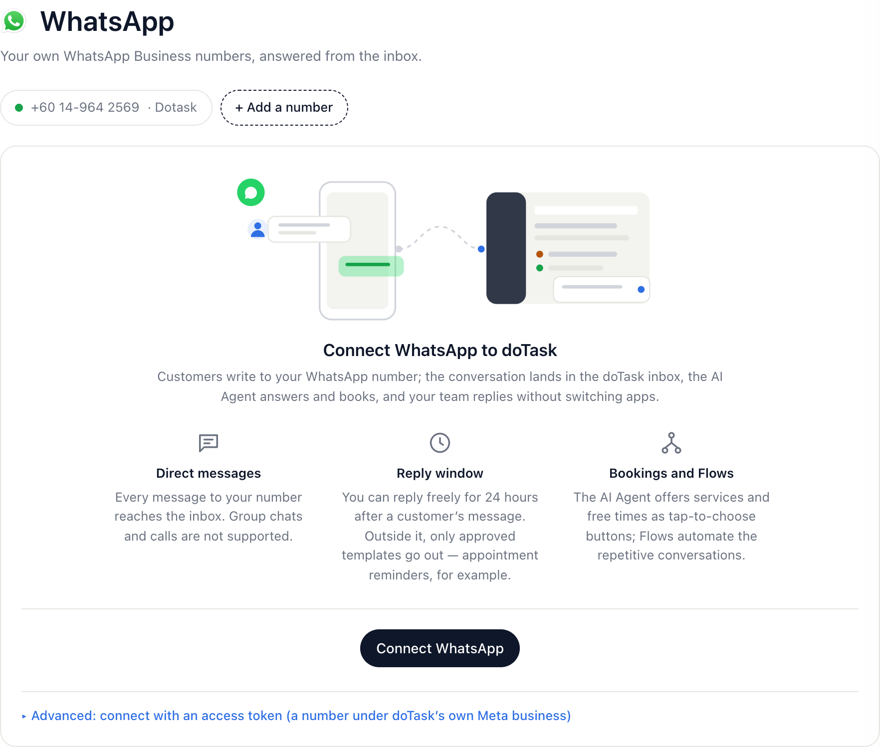 Settings → WhatsApp with the Connect WhatsApp button