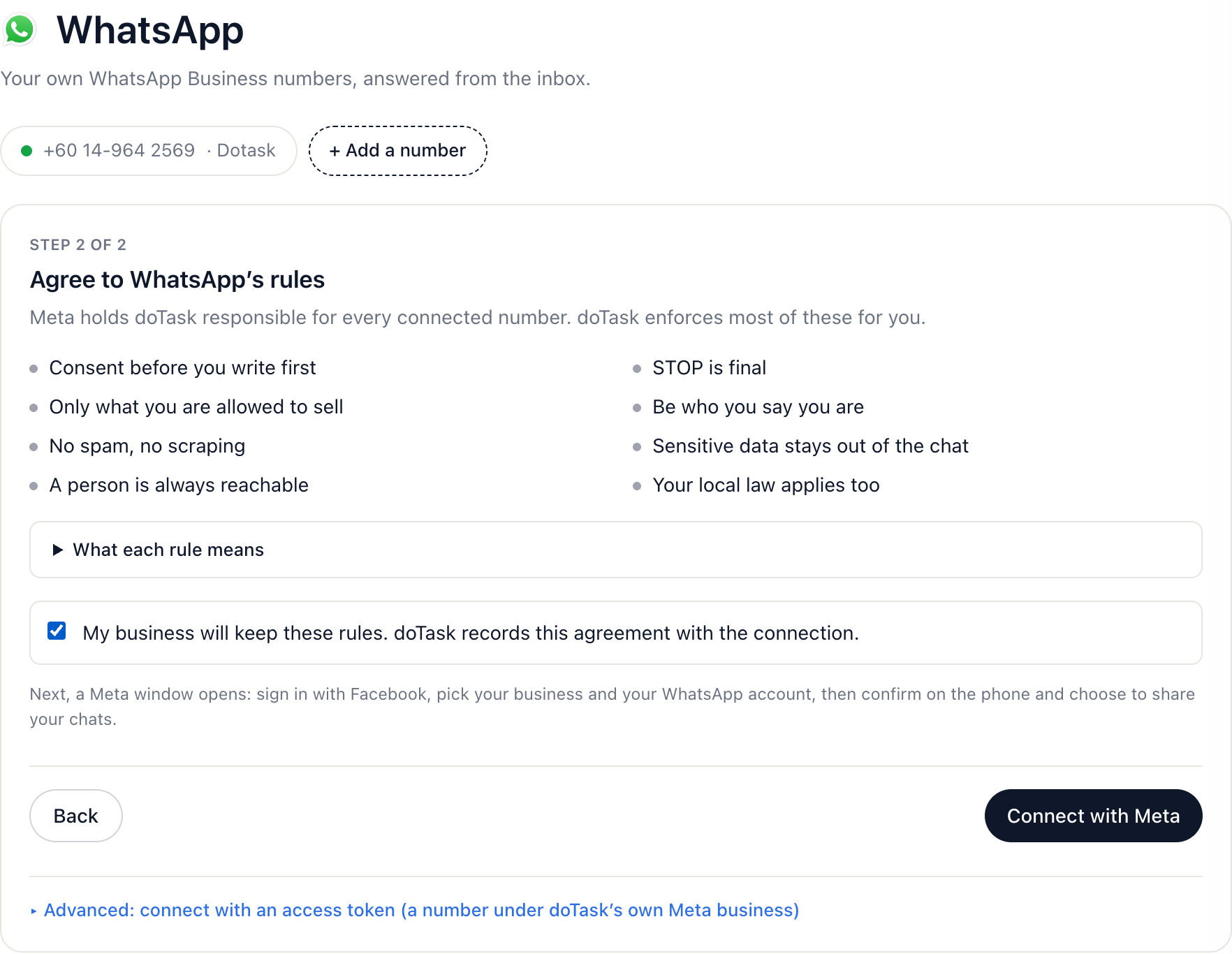 Step 2 of 2: the eight WhatsApp rules and the agreement checkbox