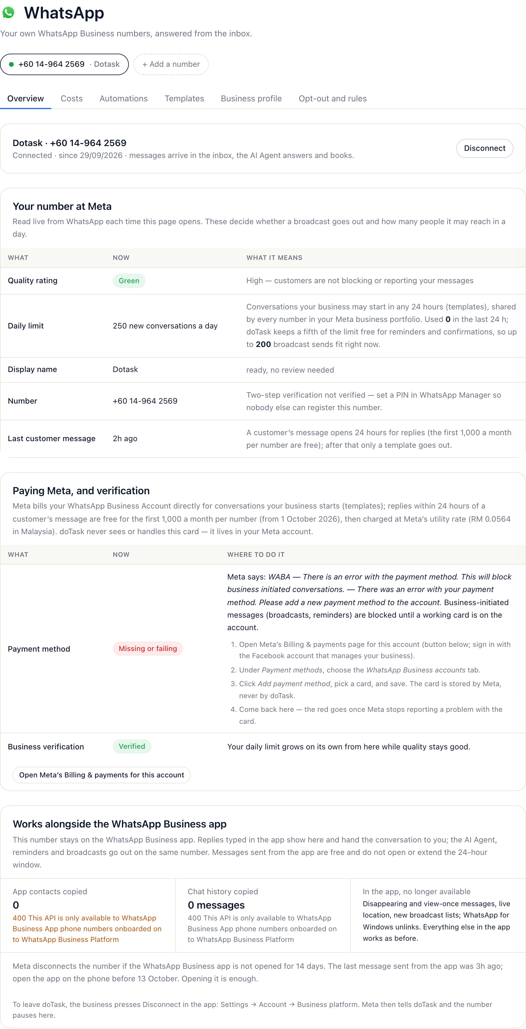 Settings → WhatsApp with a connected number, its tabs and the number’s health at Meta