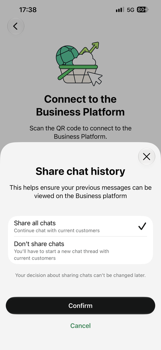WhatsApp Business on the phone: Share chat history, with Share all chats and Don’t share chats